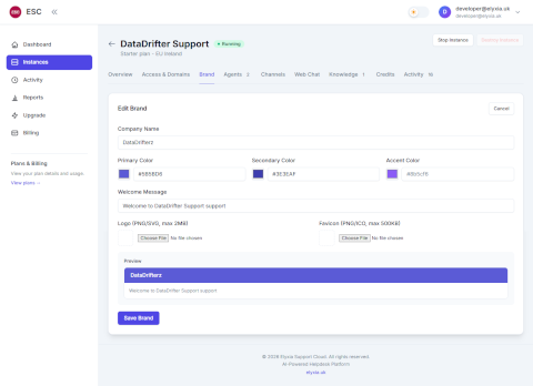 Brand settings with logo and colour controls.