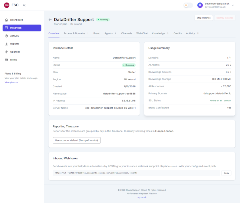 A private AI support instance dashboard.